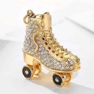 Golden Roller Skate with Silver Crystals Keychain Charm